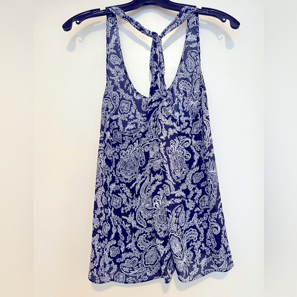 Theory Alena W tank blouse; paisley print of navy and ivory